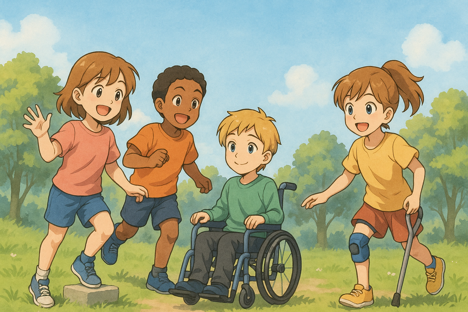 Illustration von Kindern mit unterschiedlichen Mobilitätshilfen